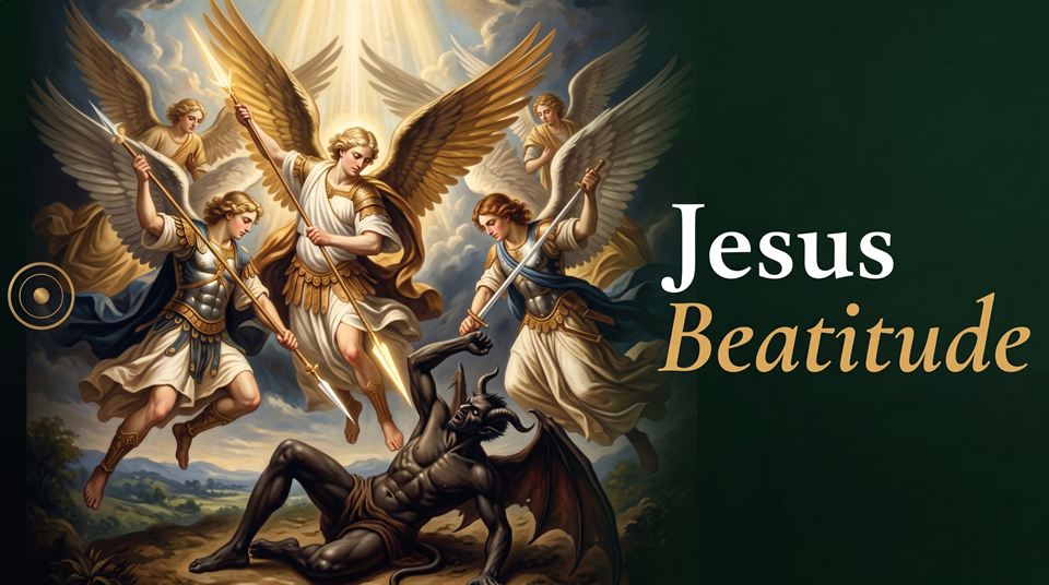 Des anges armés terrassent le démon : Jesus Beatitude